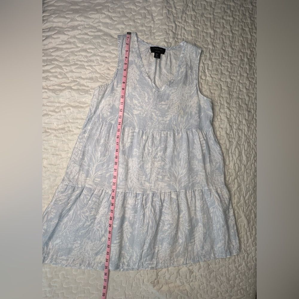 Tahari Linen Tiered Mini Dress Blue White Botanical Print Sleeveless V-Neck Med - Picture 9 of 11